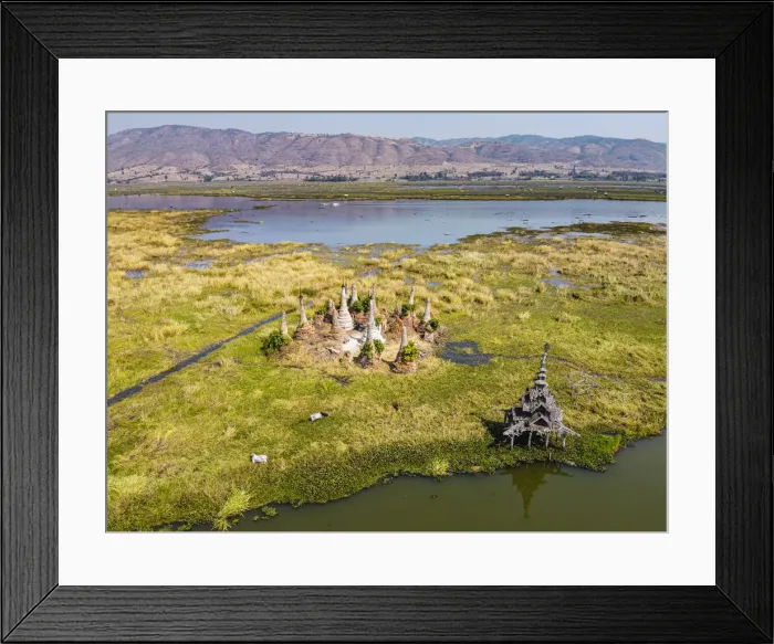 Framed Print : Aerial by drone of little pagodas sitting in the waters of the southern Inle Lake Framed Print : Aerial by drone of little pagodas sitting in the waters of the southern Inle Lake