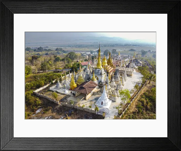 Framed Print : Aerial view by drone of pagodas, Inle Lake, Shan state, Myanmar (Burma), Asia
