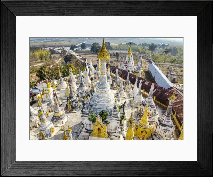 Framed Print : Aerial view by drone of pagodas, Inle Lake, Shan state, Myanmar (Burma), Asia Framed Print : Aerial view by drone of pagodas, Inle Lake, Shan state, Myanmar (Burma), Asia