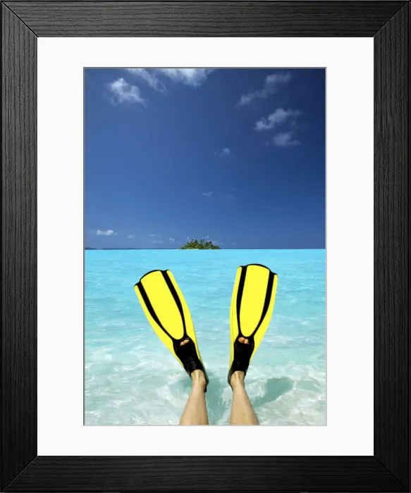 Framed Print : Tropical island and person wearing flippers sitting in sea, Maldives, Indian Ocean, Asia