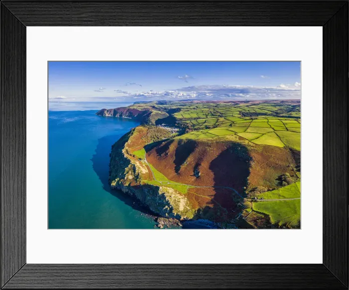 Framed Print : Aerial view over the Valley of the Rocks and Lynton, Exmoor National Park, North Devon Framed Print : Aerial view over the Valley of the Rocks and Lynton, Exmoor National Park, North Devon