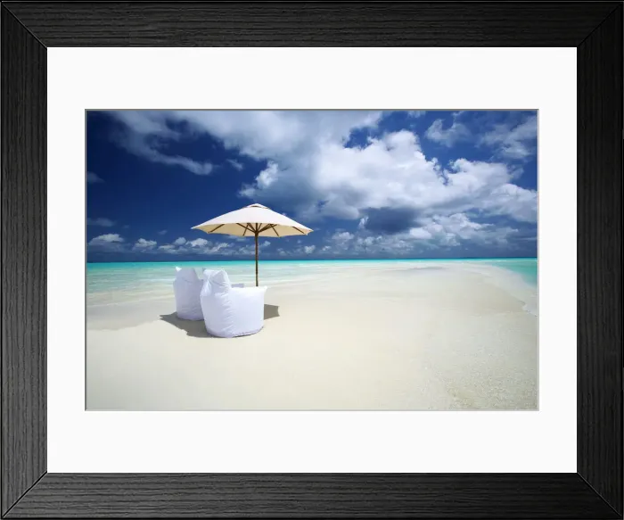 Framed Print : Two Lounge Chairs and Parasol on empty Beach, The Maldives, Indian Ocean, Asia Framed Print : Two Lounge Chairs and Parasol on empty Beach, The Maldives, Indian Ocean, Asia