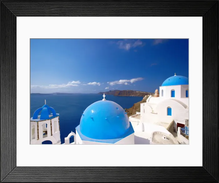 Framed Print : Elevated view of the Aegean Sea from a top of a church with blue domed roofs, Santorini Framed Print : Elevated view of the Aegean Sea from a top of a church with blue domed roofs, Santorini