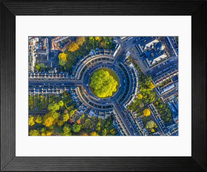 Framed Print : Aerial view by drone over the Georgian housing of The Circus, UNESCO World Heritage Site Framed Print : Aerial view by drone over the Georgian housing of The Circus, UNESCO World Heritage Site
