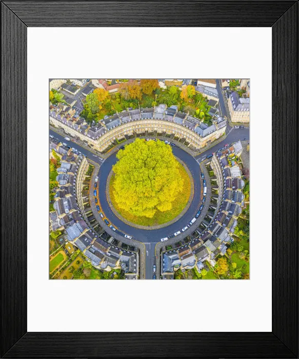 Framed Print : Aerial view by drone over the Georgian housing of The Circus, UNESCO World Heritage Site Framed Print : Aerial view by drone over the Georgian housing of The Circus, UNESCO World Heritage Site