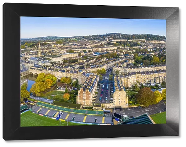 Aerial view by drone of Bath city center and River Avon, Bath, Somerset, England