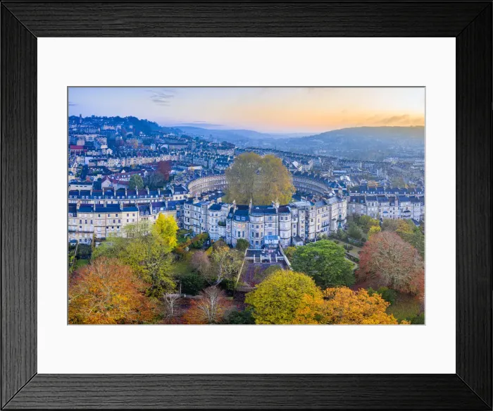 Framed Print : Aerial view by drone over the Georgian housing of The Circus, UNESCO World Heritage Site Framed Print : Aerial view by drone over the Georgian housing of The Circus, UNESCO World Heritage Site