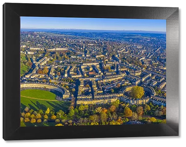 Aerial view by drone over the Georgian city of Bath, Royal Victoria Park
