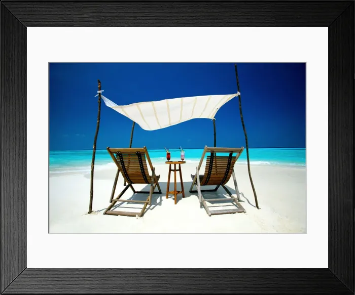 Framed Print : Two deck chairs under shelter on beach, Maldives, Indian Ocean, Asia Framed Print : Two deck chairs under shelter on beach, Maldives, Indian Ocean, Asia