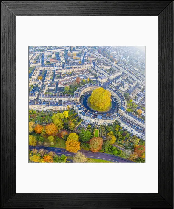 Framed Print : Aerial view by drone over the Georgian housing of The Circus, UNESCO World Heritage Site Framed Print : Aerial view by drone over the Georgian housing of The Circus, UNESCO World Heritage Site