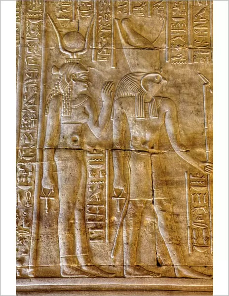 Goddess Hathor on the left with God Horus on right, Bas Reliefs, Sanctuary of Horus