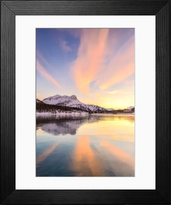Framed Print : Colors of sunset reflected on the icy surface of Lake Sils, Engadine Valley, Graubunden Framed Print : Colors of sunset reflected on the icy surface of Lake Sils, Engadine Valley, Graubunden