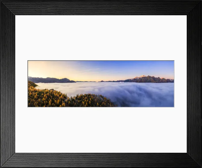 Framed Print : Aerial view of Malenco valley covered by fog at sunrise, Valmalenco, Valtelllina Framed Print : Aerial view of Malenco valley covered by fog at sunrise, Valmalenco, Valtelllina