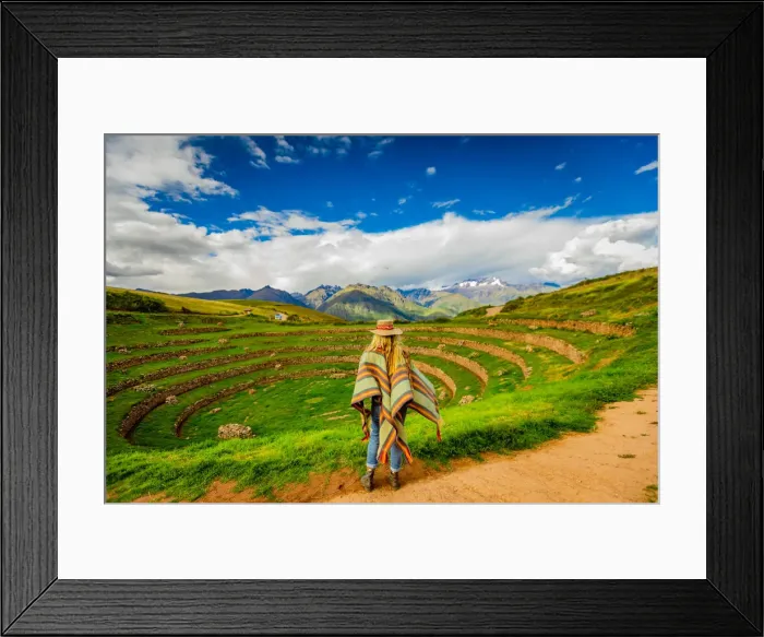 Framed Print : Woman looking out at Inca ruins, Moray, Peru, South America Framed Print : Woman looking out at Inca ruins, Moray, Peru, South America
