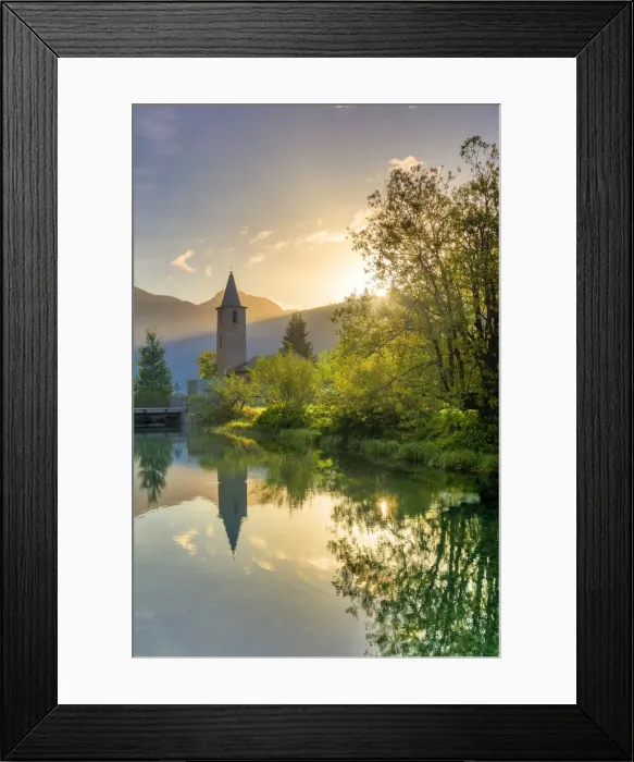 Framed Print : Traditional church of Sils facing Inn River at sunrise, Sils Maria, Engadine valley Framed Print : Traditional church of Sils facing Inn River at sunrise, Sils Maria, Engadine valley