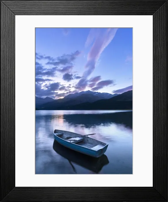 Framed Print : Single moored boat in the Lake of Sils at sunrise, Maloja pass, Engadine valley Framed Print : Single moored boat in the Lake of Sils at sunrise, Maloja pass, Engadine valley