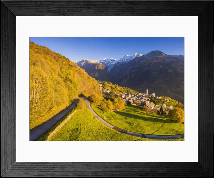 Framed Print : Aerial view of Soglio in autumn, Soglio, Bregaglia valley, Graubunden, Switzerland Framed Print : Aerial view of Soglio in autumn, Soglio, Bregaglia valley, Graubunden, Switzerland