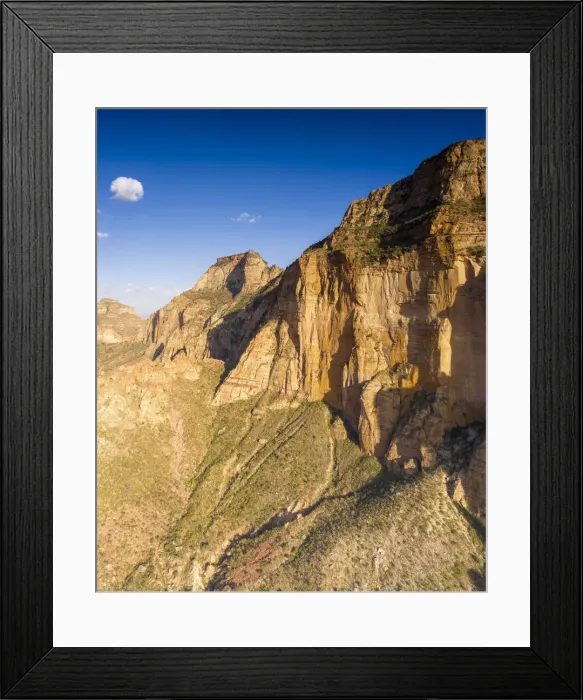 Framed Print : Aerial panoramic by drone of eroded rocks of Gheralta Mountains, Hawzen, Tigray Region Framed Print : Aerial panoramic by drone of eroded rocks of Gheralta Mountains, Hawzen, Tigray Region