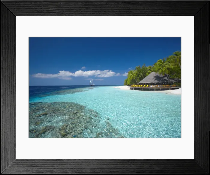 Framed Print : Terrace and tropical beach, The Maldives, Indian Ocean, Asia Framed Print : Terrace and tropical beach, The Maldives, Indian Ocean, Asia