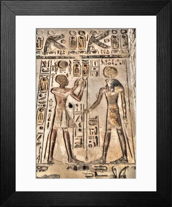 Framed Print : Relief, Pharaoh on left, God Horus on the right, Temple of Khonsu, Karnak Temple Complex Framed Print : Relief, Pharaoh on left, God Horus on the right, Temple of Khonsu, Karnak Temple Complex