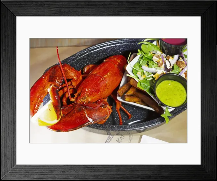 Framed Print : A lobster dinner served with salad, sauces and French fries in Barrington, Nova Scotia Framed Print : A lobster dinner served with salad, sauces and French fries in Barrington, Nova Scotia