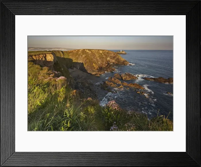 Framed Print : The cliffs of Godrevy Point, with Godrevey Island and Lighthouse beyond Framed Print : The cliffs of Godrevy Point, with Godrevey Island and Lighthouse beyond