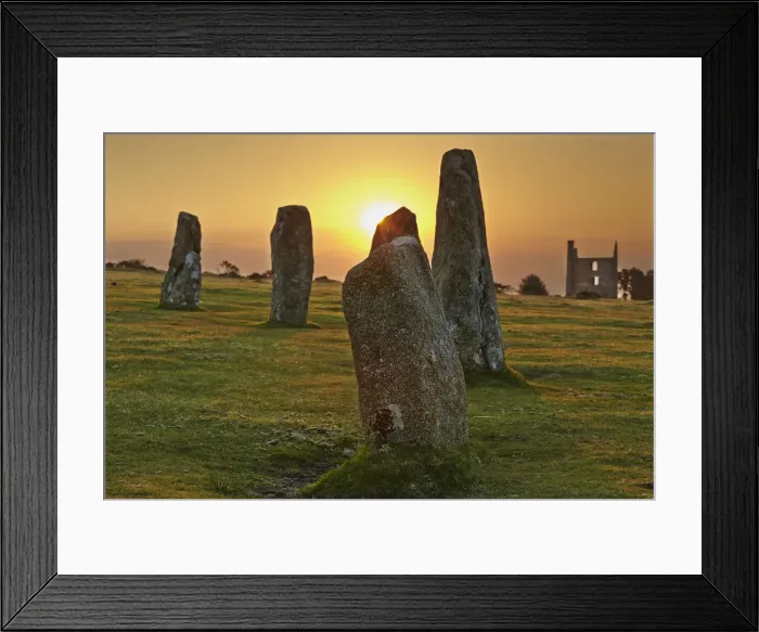 Framed Print : Sunrise over standing stones at the Hurlers, a series of prehistoric stone circles Framed Print : Sunrise over standing stones at the Hurlers, a series of prehistoric stone circles