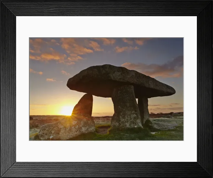 Framed Print : A sunrise view of the remains of a prehistoric burial chamber, known as Lanyon Quoit Framed Print : A sunrise view of the remains of a prehistoric burial chamber, known as Lanyon Quoit