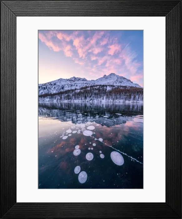 Framed Print : Frozen Lake Sils at sunrise with Piz Da La Margna in background, Engadine Framed Print : Frozen Lake Sils at sunrise with Piz Da La Margna in background, Engadine