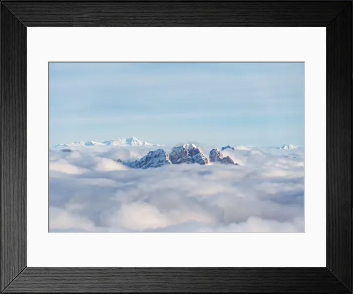 Framed Print : Aerial view of Monte Cristallo and Pomagagnon peaks emerging from clouds, Dolomites Framed Print : Aerial view of Monte Cristallo and Pomagagnon peaks emerging from clouds, Dolomites
