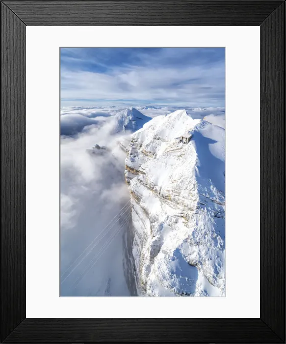 Framed Print : Aerial view of snow capped Tofane group and scenic Freccia nel Cielo cableway, Dolomites Framed Print : Aerial view of snow capped Tofane group and scenic Freccia nel Cielo cableway, Dolomites