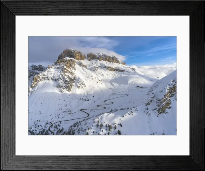 Framed Print : Winding road in the snow, aerial view, Pordoi Pass, Dolomites, Trentino-Alto Adige, Italy Framed Print : Winding road in the snow, aerial view, Pordoi Pass, Dolomites, Trentino-Alto Adige, Italy