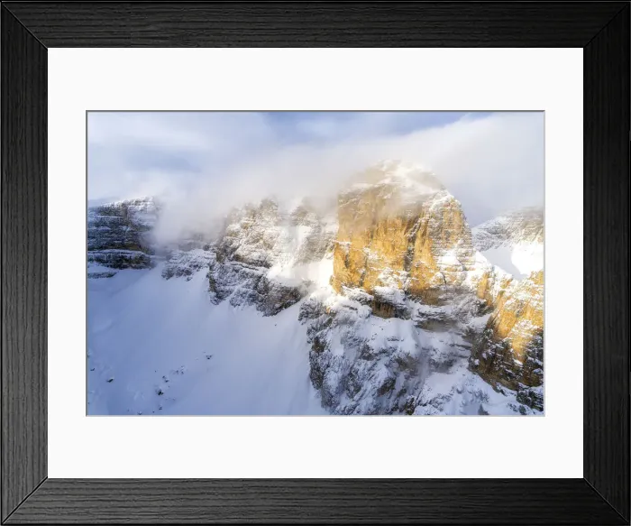Framed Print : Mist over the rocky peaks of Sella Group during a snowy winter, Gardena Pass, Dolomites Framed Print : Mist over the rocky peaks of Sella Group during a snowy winter, Gardena Pass, Dolomites