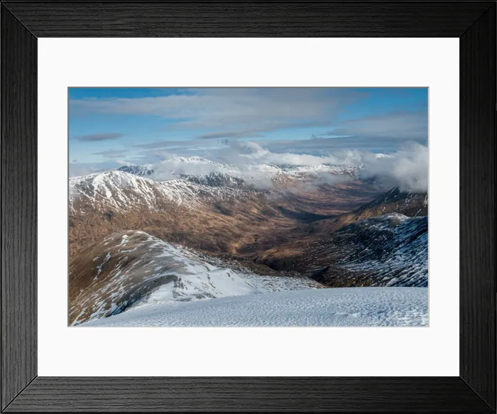 Framed Print : Looking down into Fionngleann in winter from Brothers Ridge in Kintail with the hills of Framed Print : Looking down into Fionngleann in winter from Brothers Ridge in Kintail with the hills of