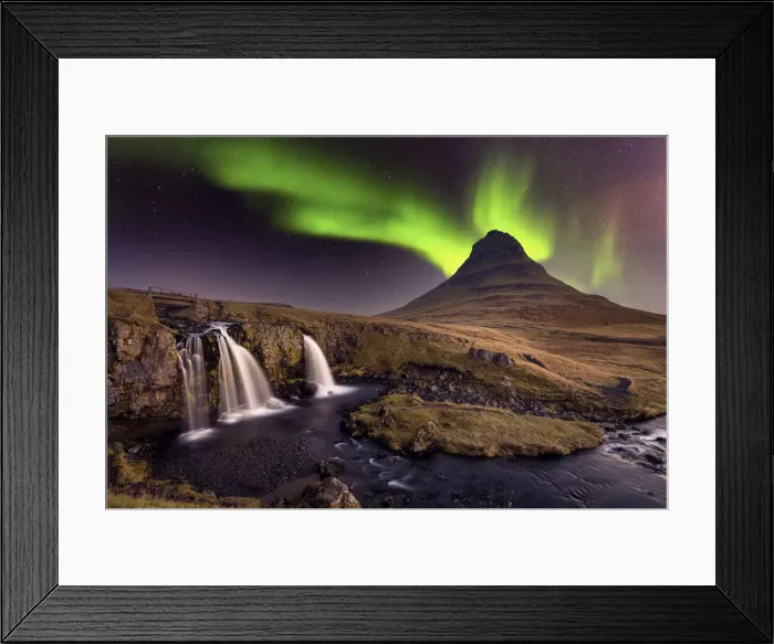 Framed Print : Aurora Borealis (Northern Lights) over Kirkjufell Mountian with a small waterfall in Framed Print : Aurora Borealis (Northern Lights) over Kirkjufell Mountian with a small waterfall in
