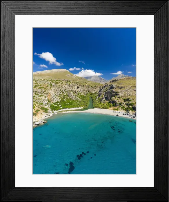 Framed Print : Aerial photo by drone of Preveli beach, Retymno, Crete Island, Greek Islands, Greece Framed Print : Aerial photo by drone of Preveli beach, Retymno, Crete Island, Greek Islands, Greece