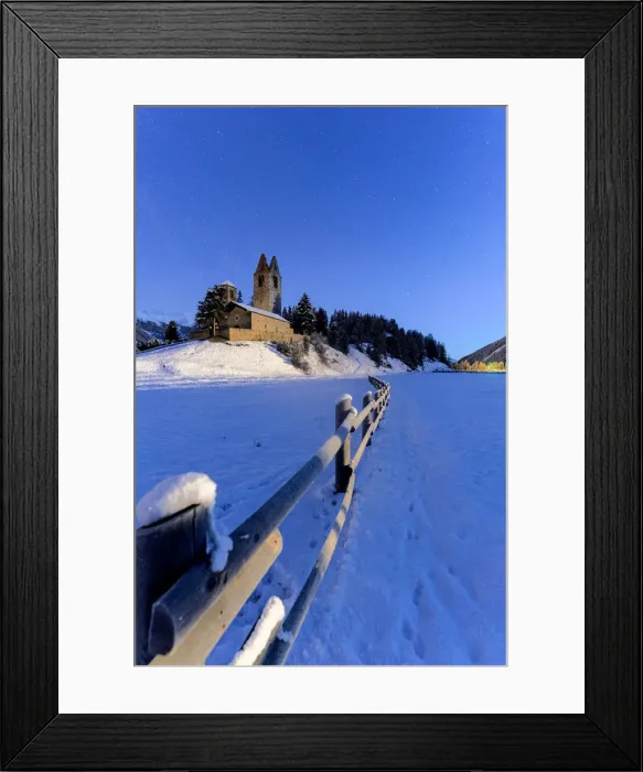 Framed Print : Wood fence in the snow surrounding the church of San Gian, Celerina, St Framed Print : Wood fence in the snow surrounding the church of San Gian, Celerina, St