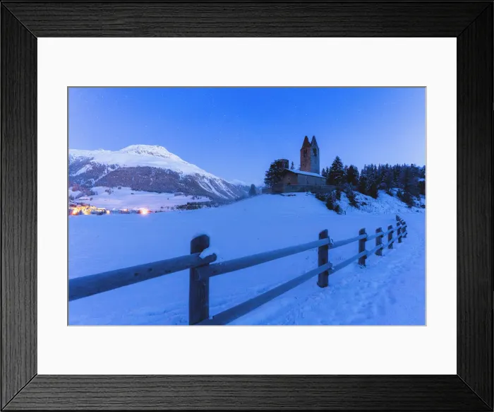 Framed Print : Church of San Gian with the snowy peaks in background, Celerina, St Framed Print : Church of San Gian with the snowy peaks in background, Celerina, St