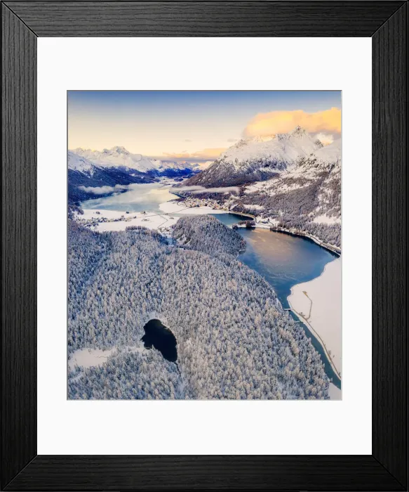 Framed Print : Aerial view of snowy woods around Lej Nair, Piz Polaschin, Piz La Margna Framed Print : Aerial view of snowy woods around Lej Nair, Piz Polaschin, Piz La Margna