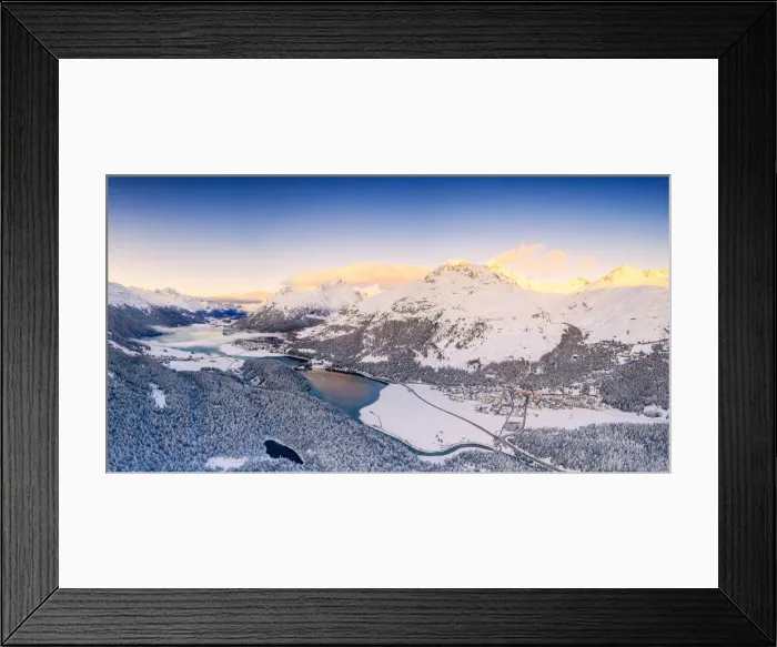 Framed Print : Aerial view by drone of Lej Da Champfer, Silvaplana, snowy Piz Da La Margna Framed Print : Aerial view by drone of Lej Da Champfer, Silvaplana, snowy Piz Da La Margna