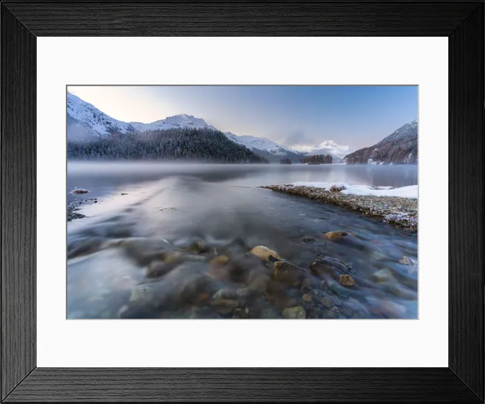 Framed Print : Autumn sunrise on Lej Da Champfer with snow capped Piz Da La Margna Framed Print : Autumn sunrise on Lej Da Champfer with snow capped Piz Da La Margna