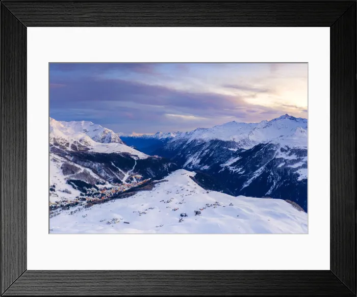 Framed Print : Aerial view by drone of sunset on the snowy peaks surrounding Madesimo and Andossi Framed Print : Aerial view by drone of sunset on the snowy peaks surrounding Madesimo and Andossi