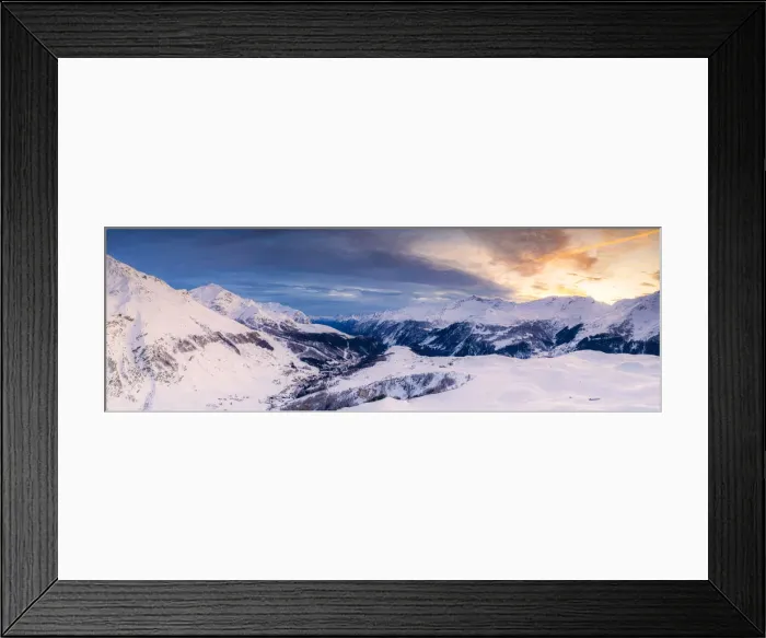 Framed Print : Aerial panoramic by drone of Madesimo and Andossi during a winter sunset, Valchiavenna Framed Print : Aerial panoramic by drone of Madesimo and Andossi during a winter sunset, Valchiavenna