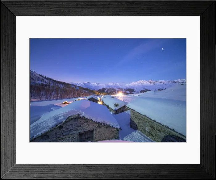 Framed Print : Groppera stone huts covered with snow during a starry night, Madesimo, Valchiavenna Framed Print : Groppera stone huts covered with snow during a starry night, Madesimo, Valchiavenna
