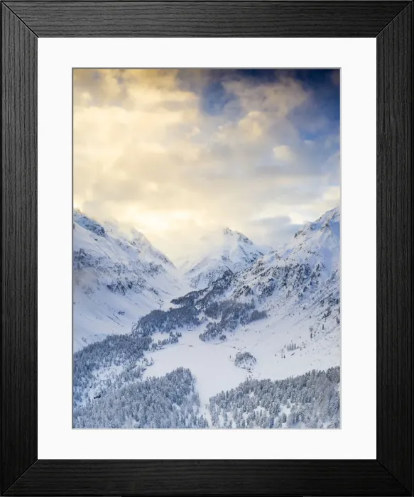Framed Print : Aerial view of Lake Cavloc and woods covered with snow, Bregaglia Valley, Engadine Framed Print : Aerial view of Lake Cavloc and woods covered with snow, Bregaglia Valley, Engadine