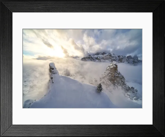 Framed Print : Aerial view of Sella covered with snow from Cir group, Puez-Odle Nature Park Framed Print : Aerial view of Sella covered with snow from Cir group, Puez-Odle Nature Park