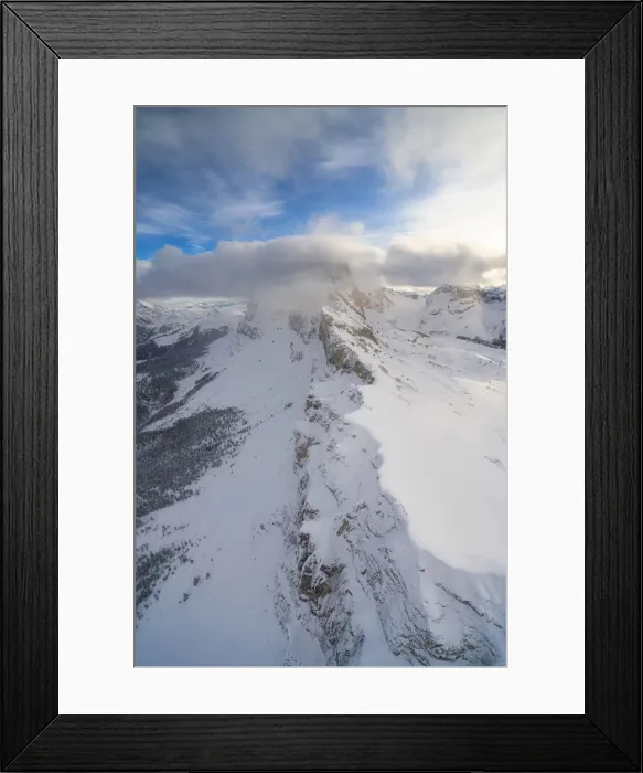 Framed Print : Seceda and Odle mountain range in winter, aerial view, Val Gardena, Dolomites Framed Print : Seceda and Odle mountain range in winter, aerial view, Val Gardena, Dolomites