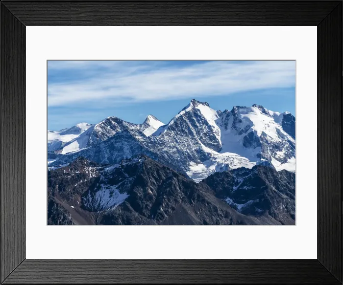 Framed Print : Aerial view by drone of Bernina Group and Biancograt mountain, Engadine