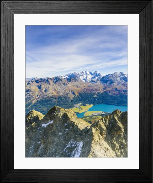 Framed Print : Aerial by drone of Lake Silvaplana and Bernina mountain range in summer, Engadine Framed Print : Aerial by drone of Lake Silvaplana and Bernina mountain range in summer, Engadine