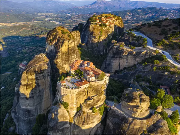 Aerial by drone of the Holy Monastery of Varlaam at sunrise, UNESCO World Heritage Site